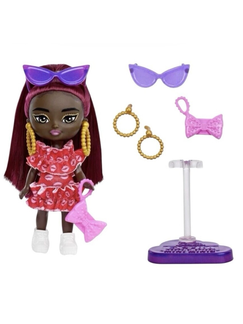 Barbie Extra Mini Minis Doll with Burgundy Hair in Red Ruffle Dress with Acc.